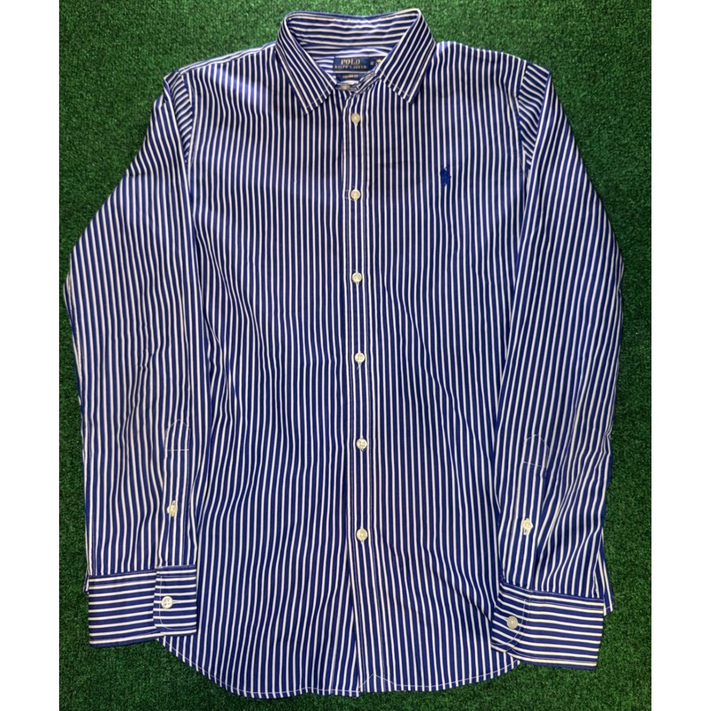 Polo Ralph Lauren Blue White Striped Custom Fit Button Down Shirt Womens 12